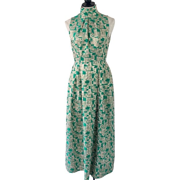Unbranded Dresses & Skirts - Vintage Womens Dress Size Small Green Geometric Print Maxi Casual Pleated